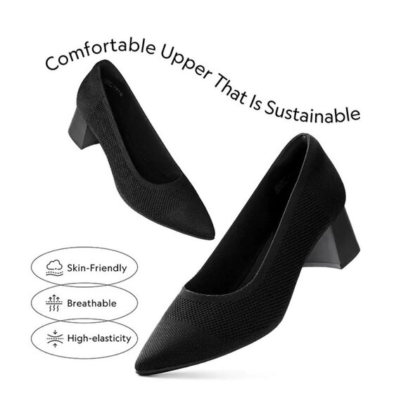 Women’s Low Block Heel Pumps – Pointed Toe Knit Dress Shoes, Comfortable Slip-On - Picture 3 of 6